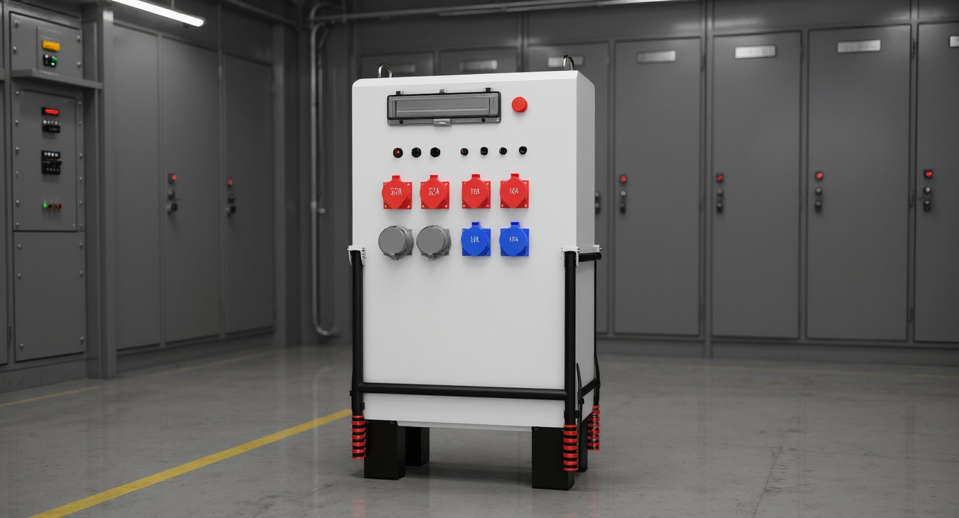 Portable commercial energy storage unit in an electrical switchgear room with control panels behind.
