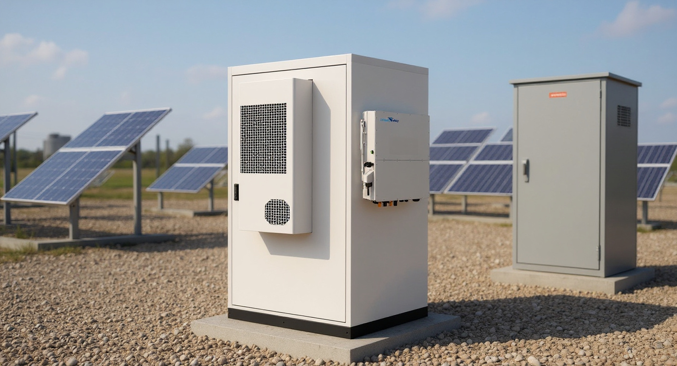 SafecubeA100A50PT battery storage unit at an outdoor solar-plus-storage yard.