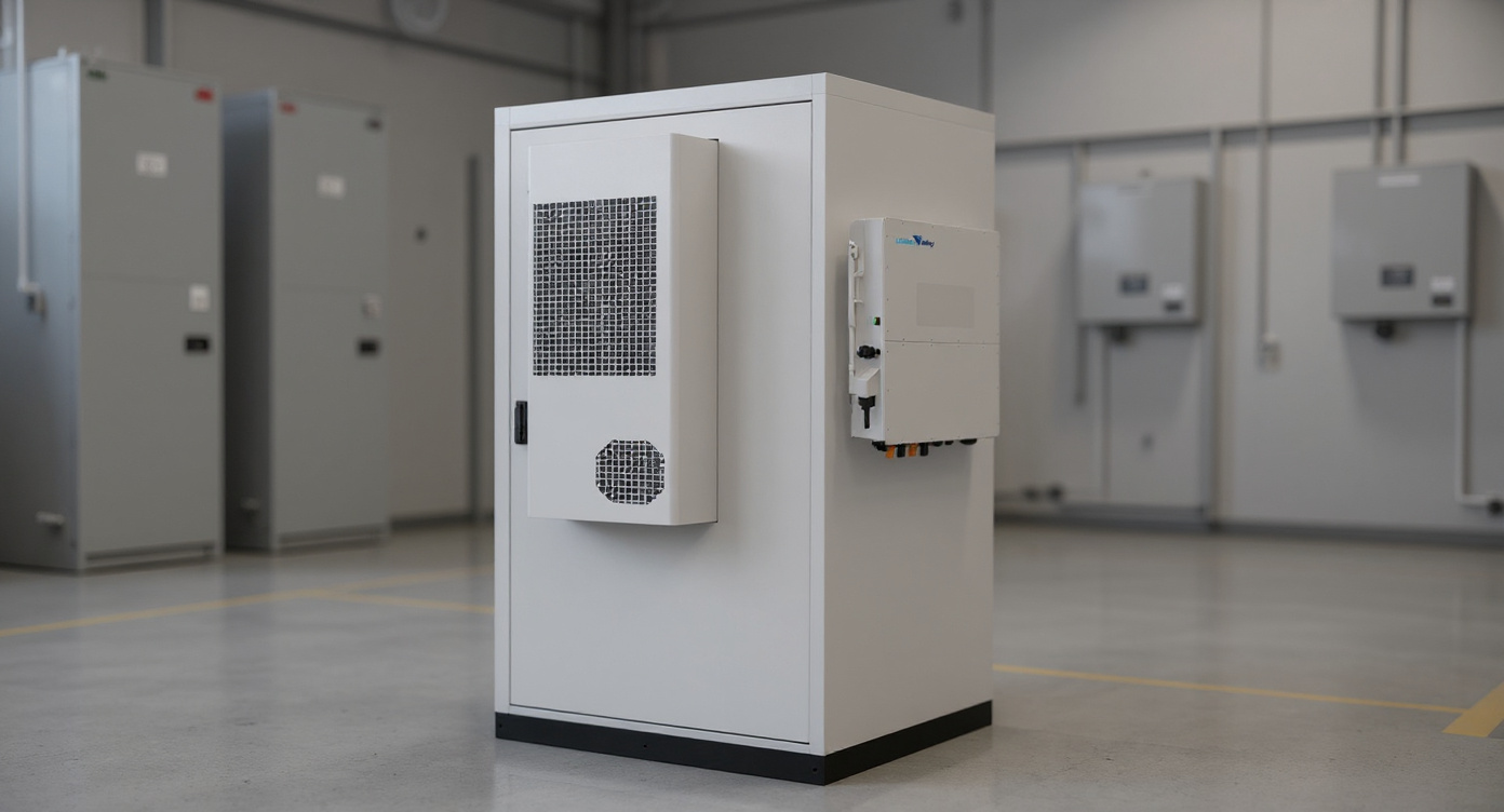 SafecubeA100A50PT battery cabinet on a factory production floor.