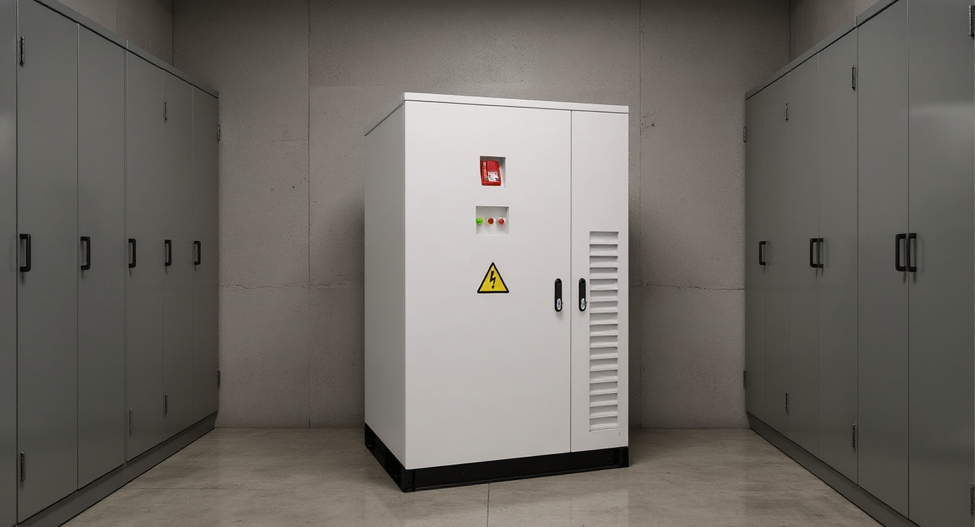 Electrical switchgear room with the cabinet mounted along a wall between metal switchgear cabinets.