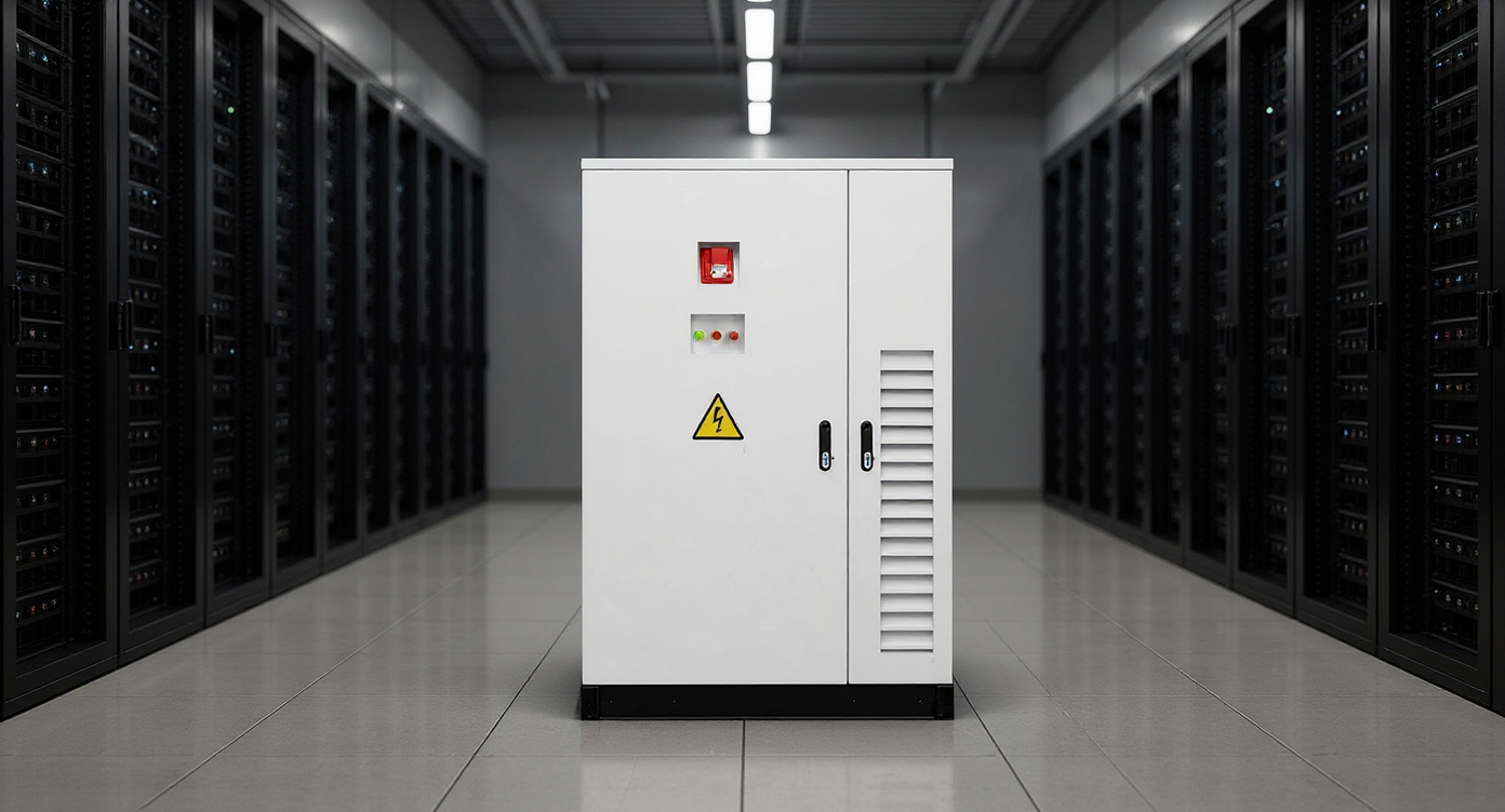Data center server hall with the cabinet at the end of an aisle, rows of server racks behind.