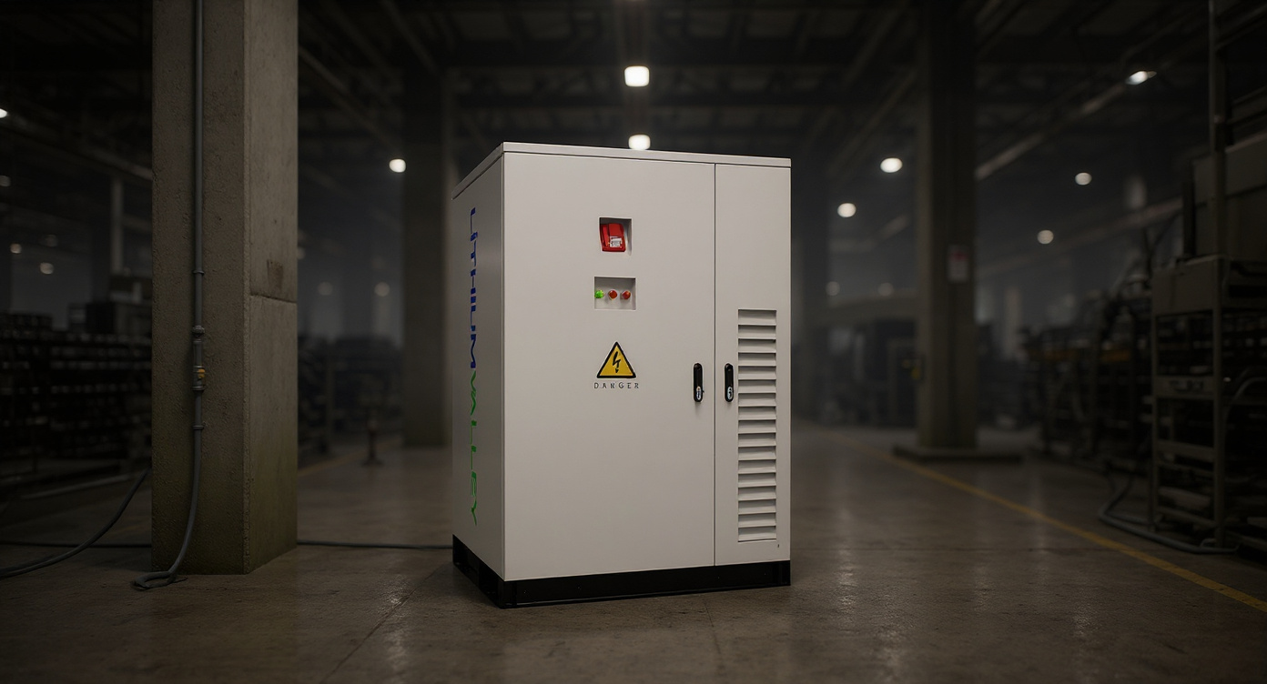 Factory production floor with the cabinet near a concrete column, machinery blurred in background.