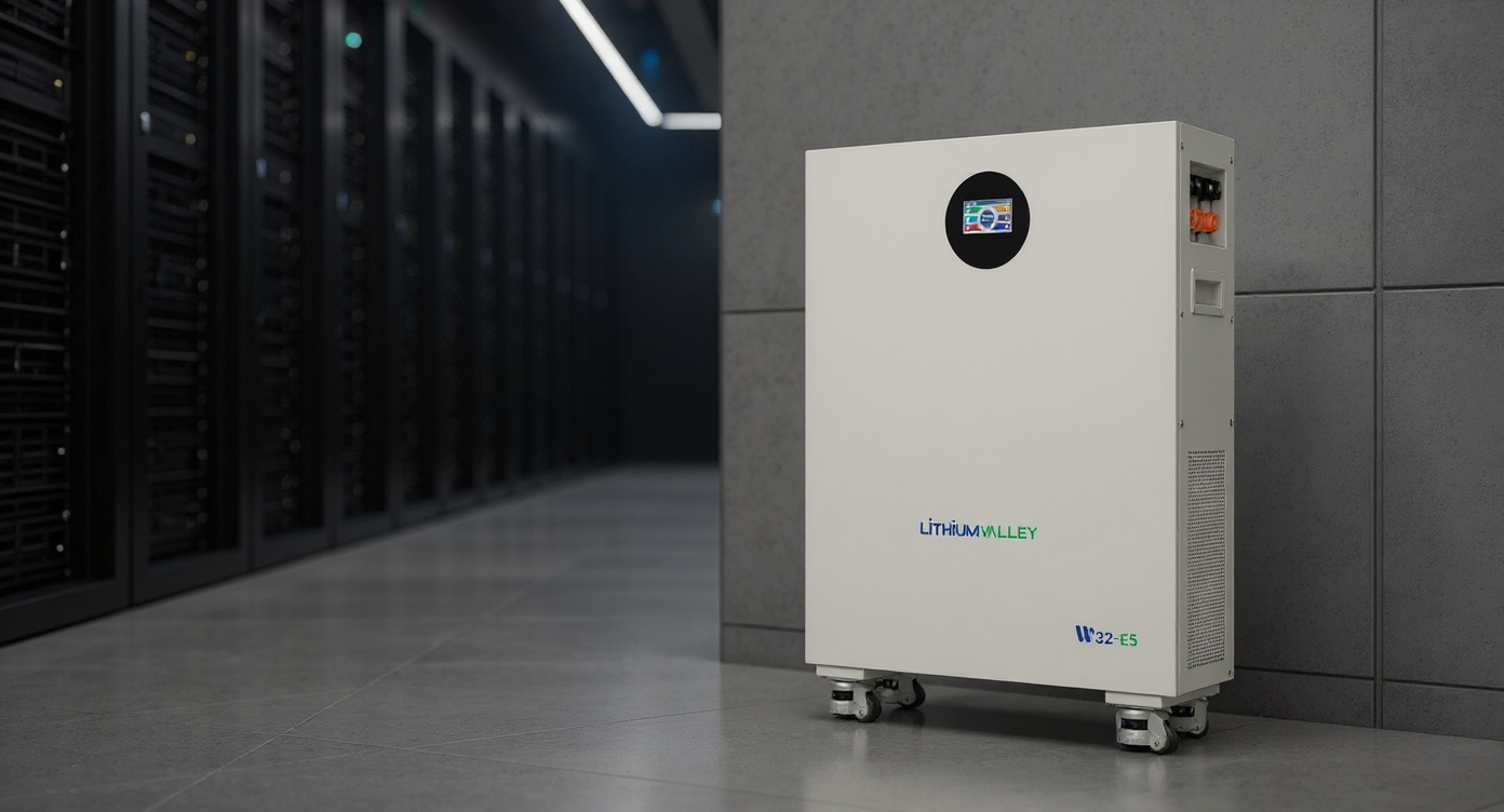 W32-E5 battery mounted at the end of a data center server aisle with rows of server racks