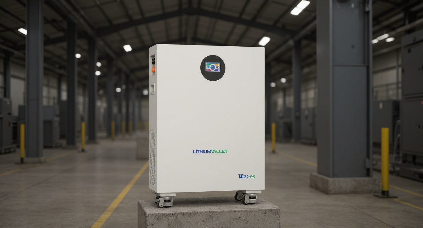 W32-E5 battery on a concrete pillar in a bright industrial factory floor with skylights and electrical enclosure