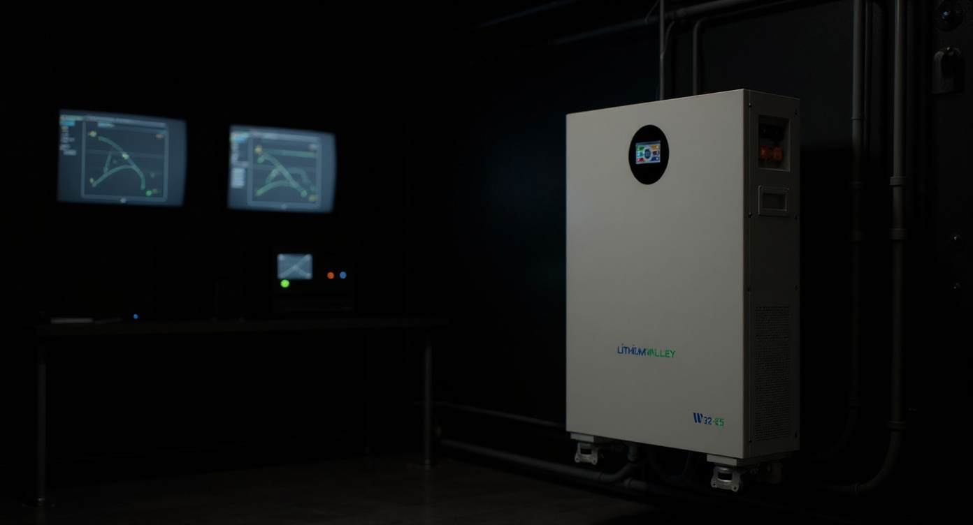 W32-E5 battery in a dim control room with energy monitoring screens and cable conduits