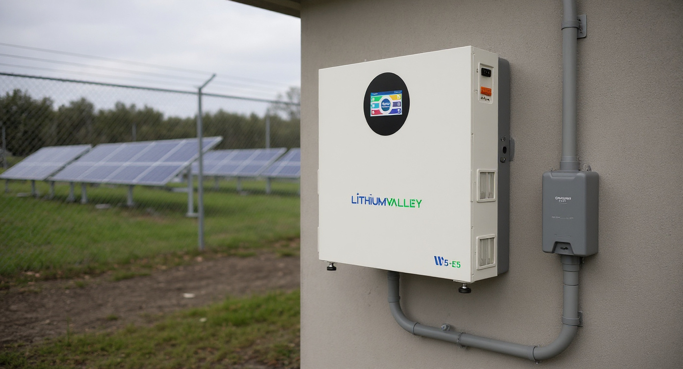 Home energy storage battery mounted on an exterior wall of a utility building in an outdoor solar panel yard.