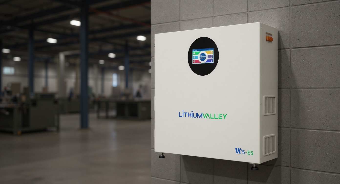 Wall-mounted home energy storage battery on a painted cinder block wall inside an industrial factory building.