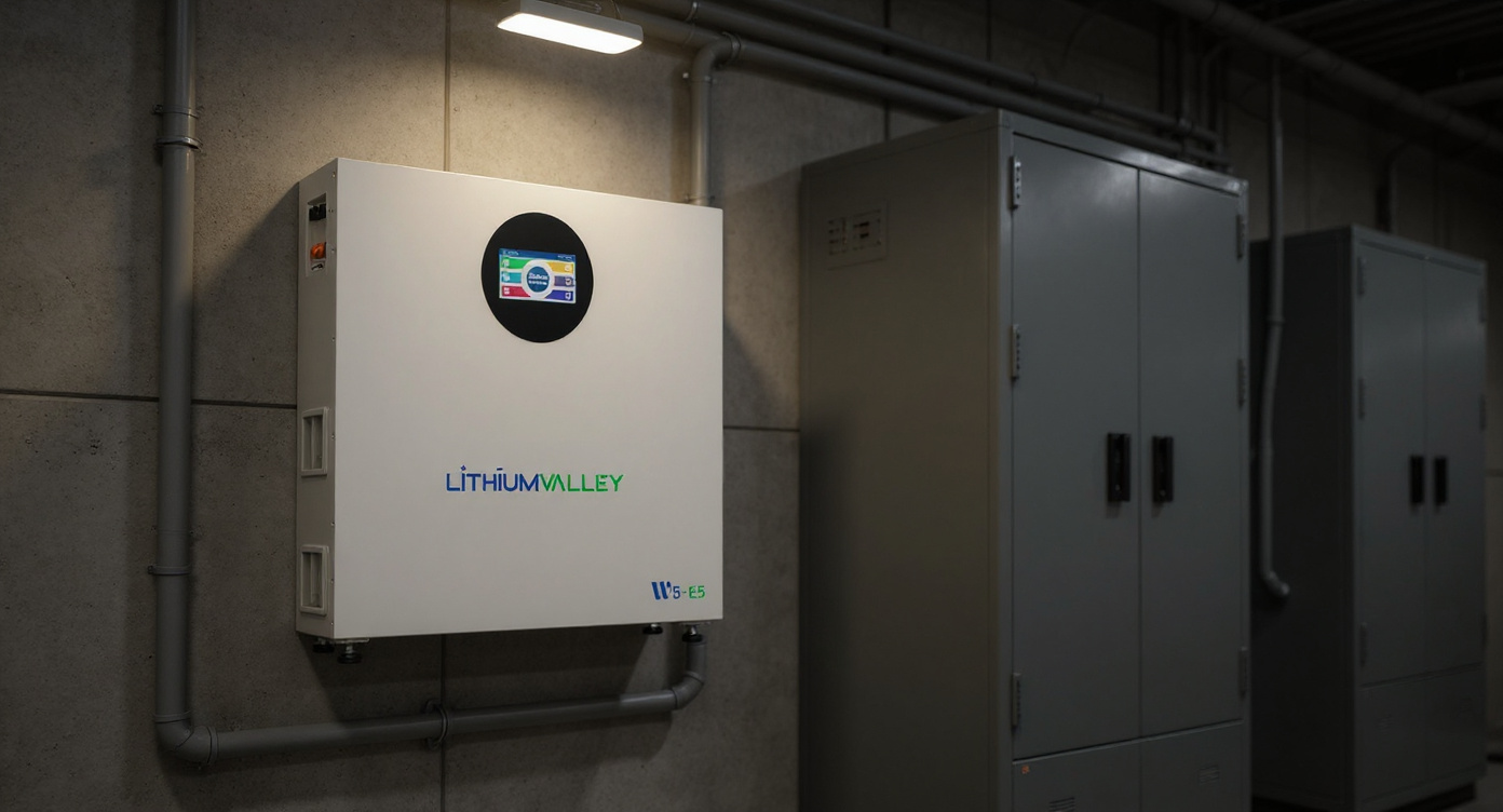 Close-up of a home energy storage battery mounted on a wall next to an electrical switchgear cabinet.