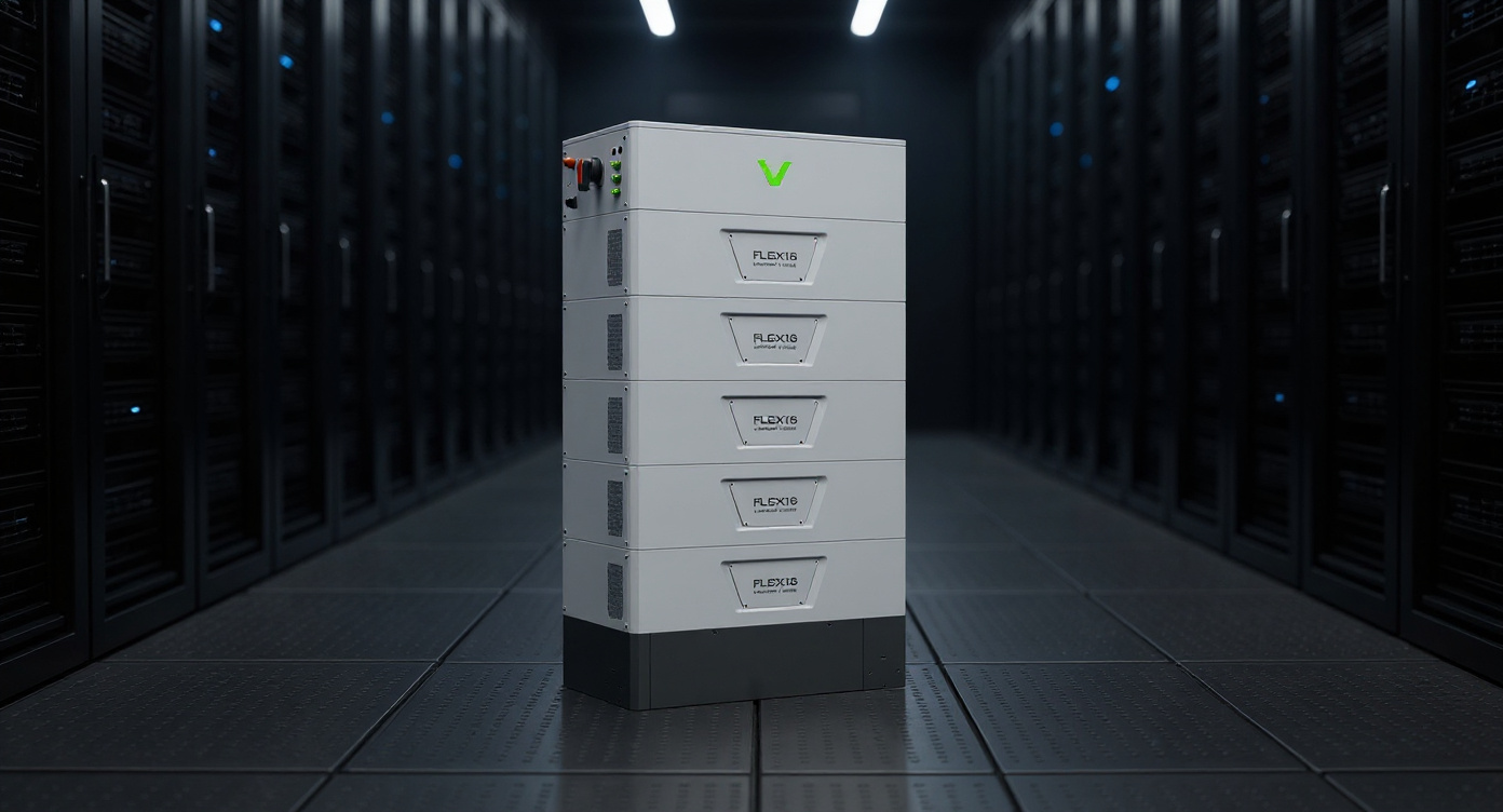 Medium front view of the indoor air-cooled battery cabinet in a data center server hall, surrounded by black server racks and cool LED lighting.