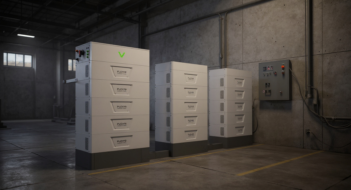 Wide three-quarter view of the indoor air-cooled battery cabinet on a factory production floor, with industrial control panels and natural light from high windows.