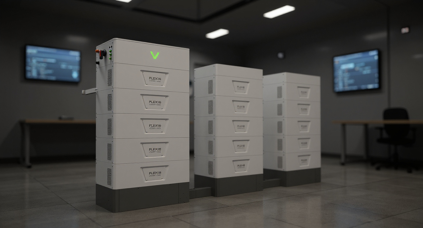 Medium side view of the indoor air-cooled battery cabinet in a control room, with monitoring screens and a desk in the background under neutral LED lighting.