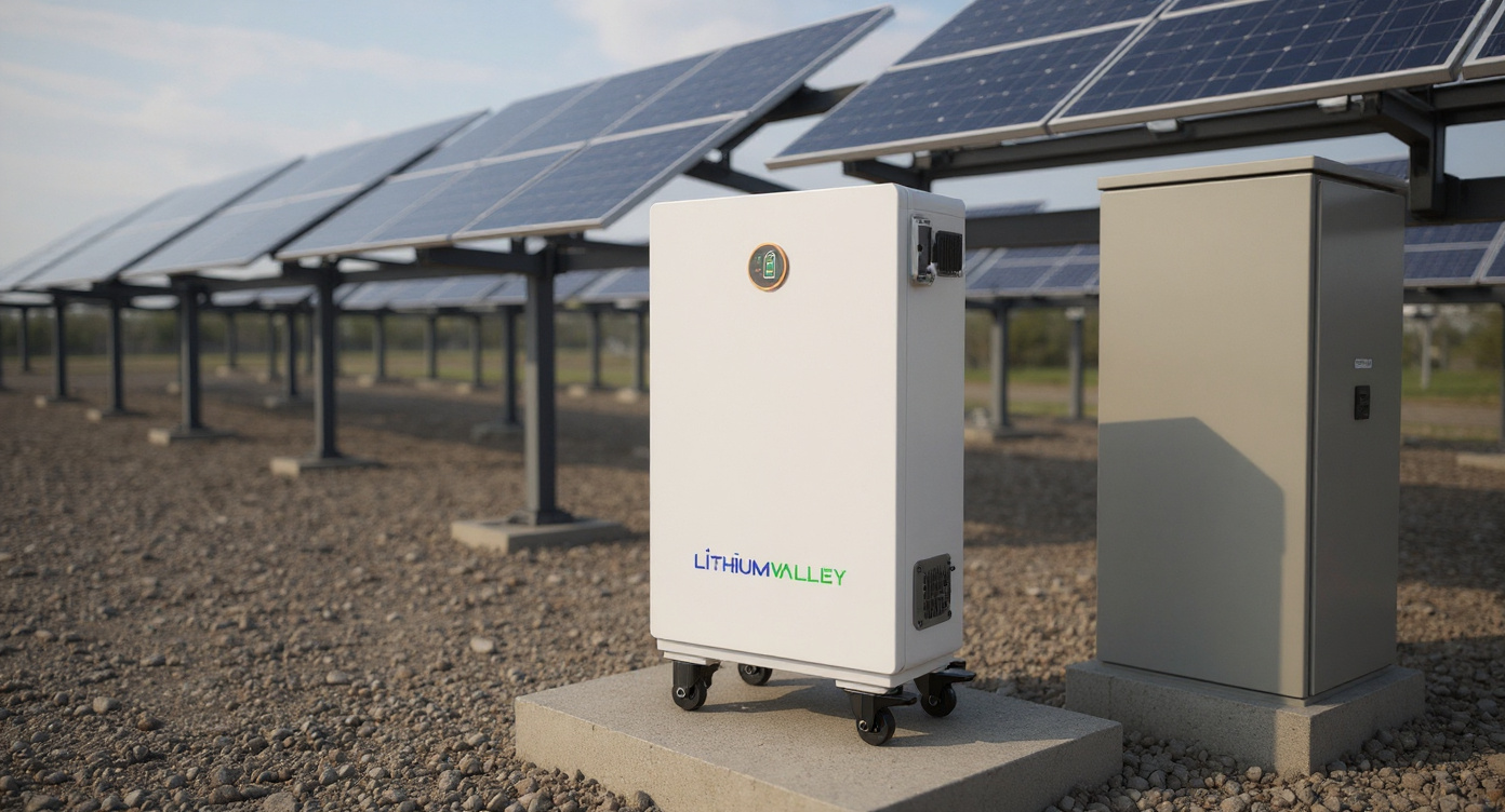 W15-5A battery placed on a concrete pad beside a ground-mount solar array and inverter under daylight