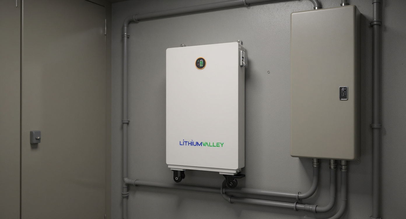 W15-5A battery wall-mounted in an electrical switchgear room with cable trays and distribution panel