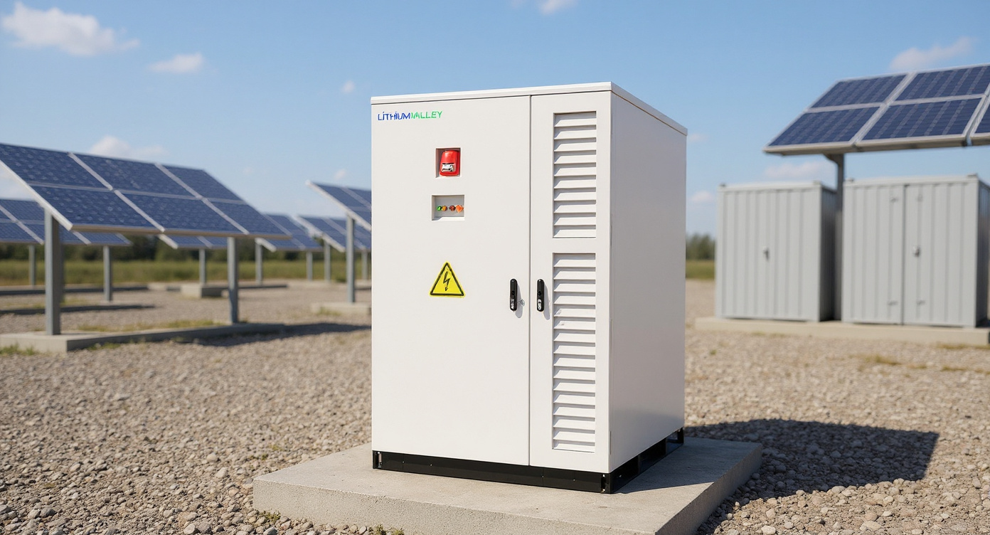 Outdoor C&I Cabinet with Built-in PCS in solar-plus-storage yard with battery containers and solar panels