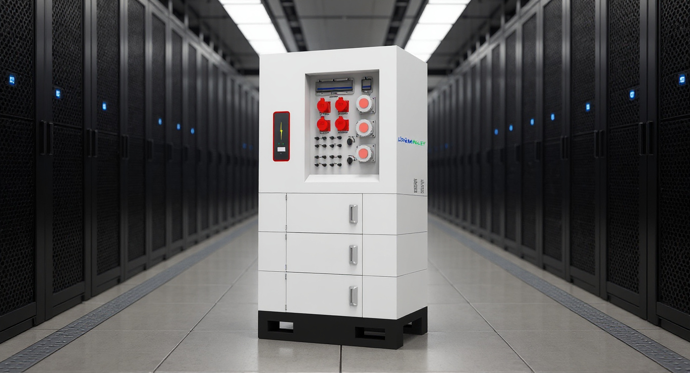 Mobile energy storage system positioned at the end of a data center server aisle with server racks on both sides under cool LED lighting.