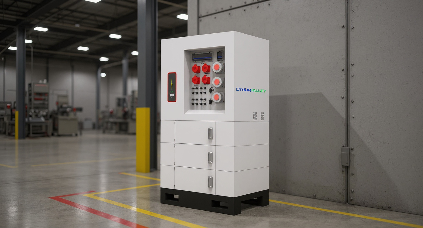 Mobile energy storage system against a factory wall near a yellow walkway, with industrial machinery and cable trays in the background under bright high-bay lighting.