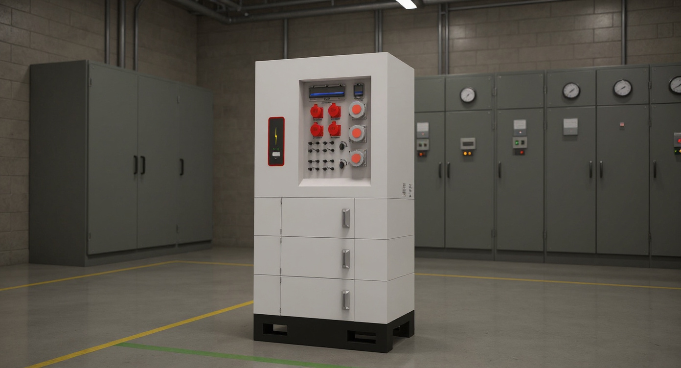Mobile energy storage system next to gray switchgear cabinets in an electrical room with warm fluorescent lighting and green floor tape.