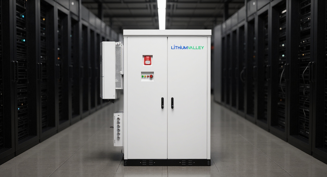 Outdoor C&I cabinet with external inverter at end of data center server aisle with rows of server racks and cool fluorescent lighting.