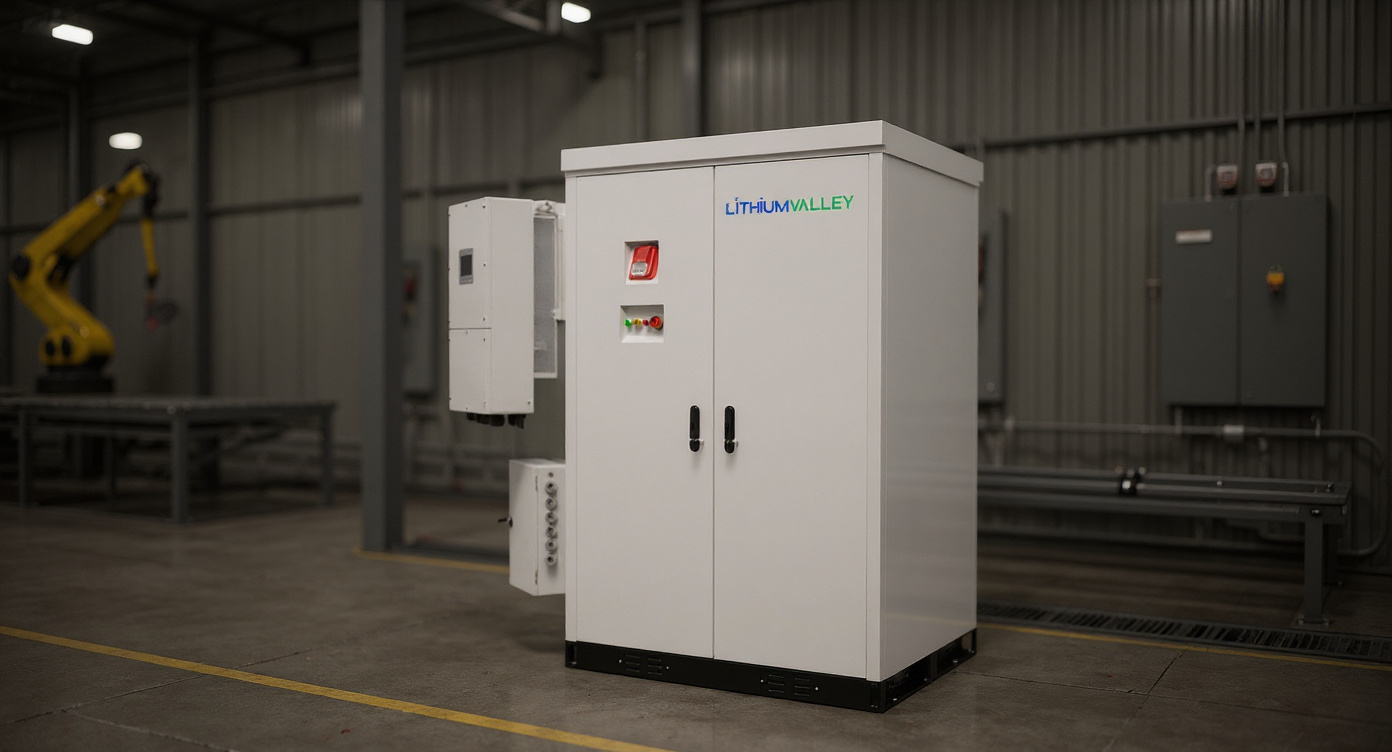 Outdoor C&I cabinet with external inverter against factory wall near electrical panels and conveyor machinery, warm high-bay lighting.
