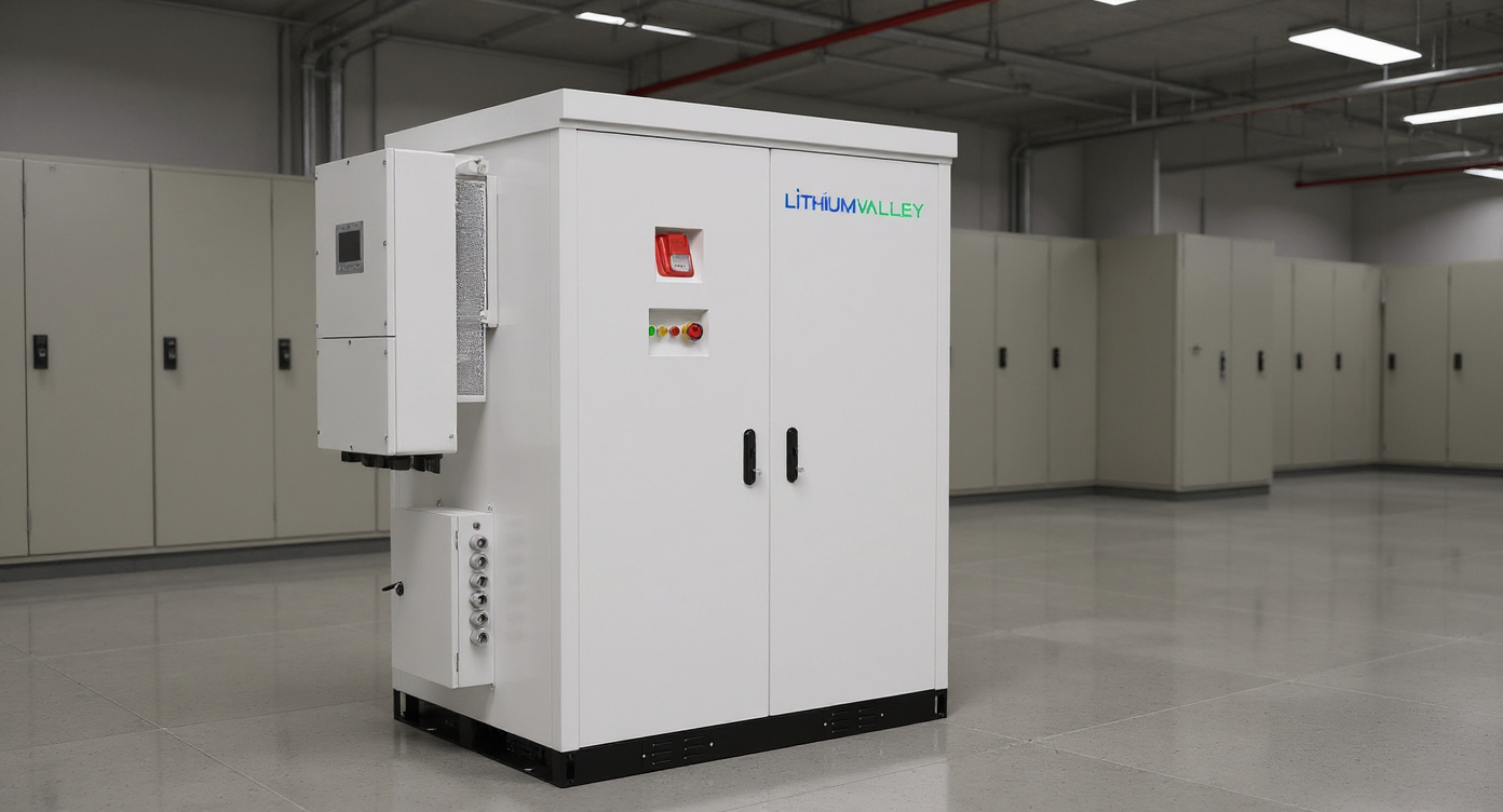 Outdoor C&I cabinet with external inverter in electrical switchgear room near switchgear cabinets and overhead cable trays, neutral lighting.