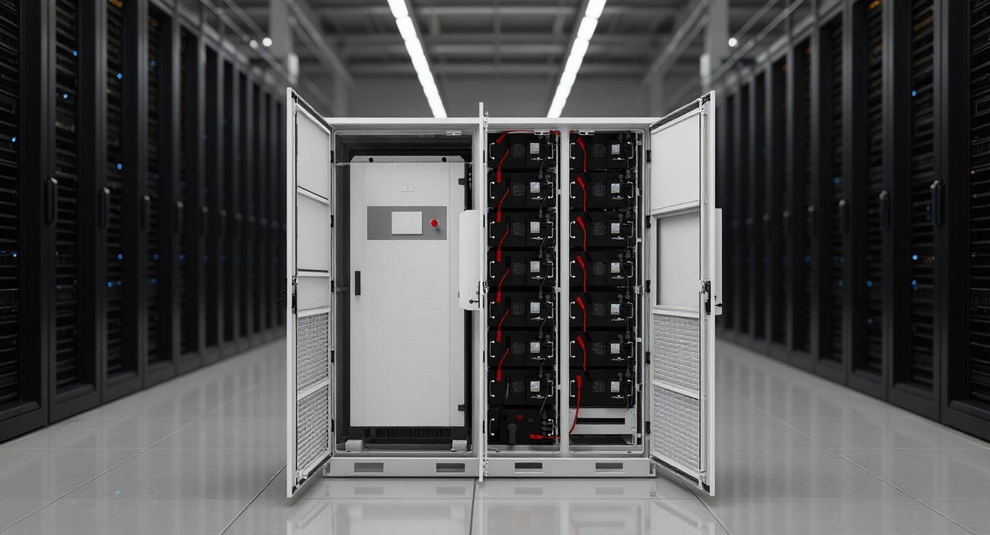 Integrated Energy Storage Cabinet at the end of a server rack row in a data center hall with cool LED lighting