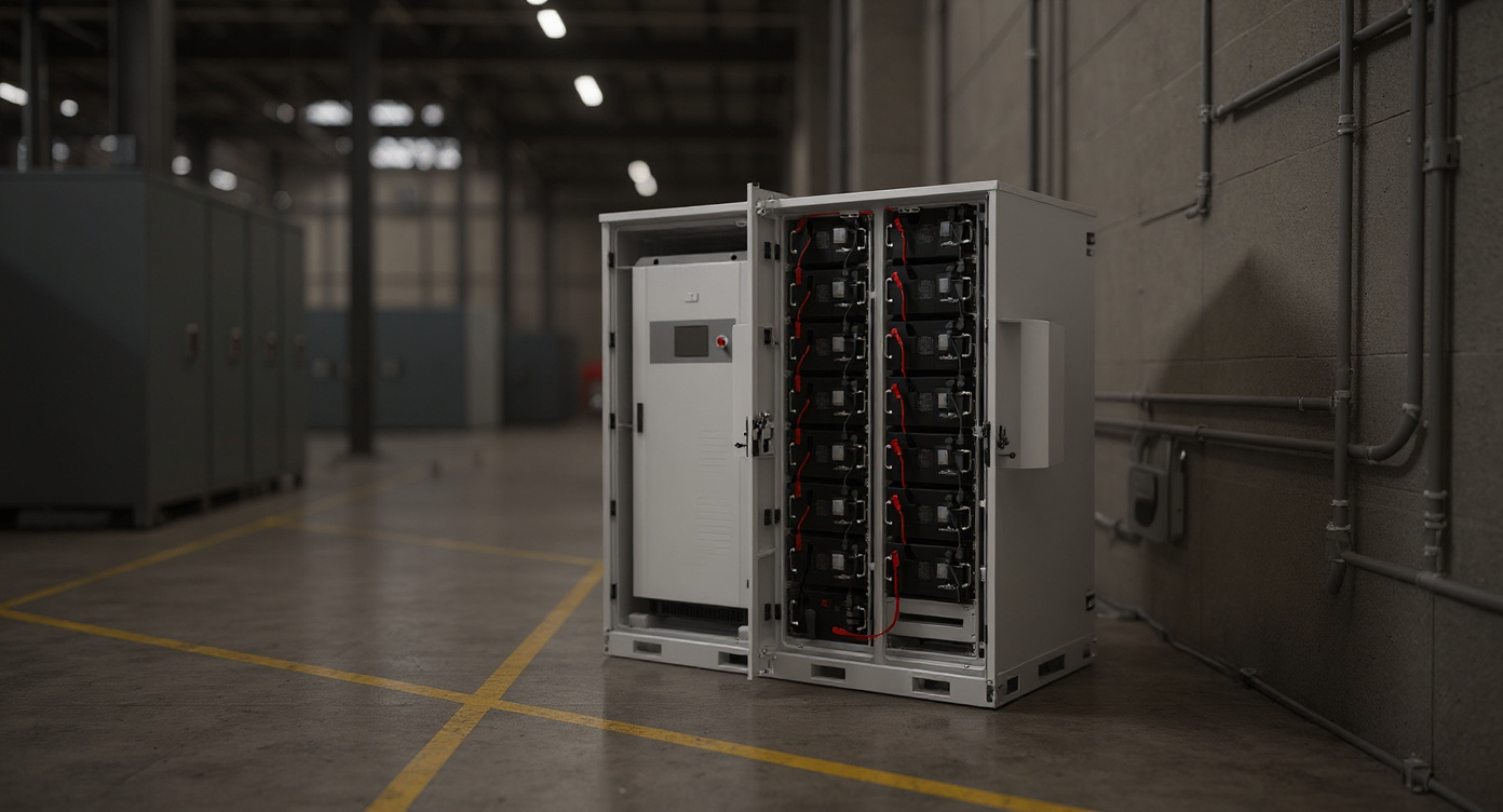 Integrated Energy Storage Cabinet on a factory floor near electrical panels and machinery under high-bay lighting