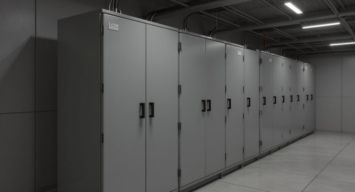 Integrated Energy Storage Cabinet inside an electrical switchgear room next to gray switchgear cabinets under fluorescent lighting