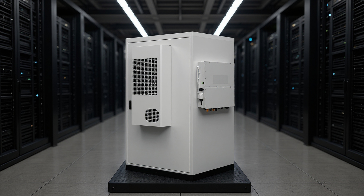 Industrial battery storage cabinet inside a data center server hall with rows of server racks and cool LED lighting.