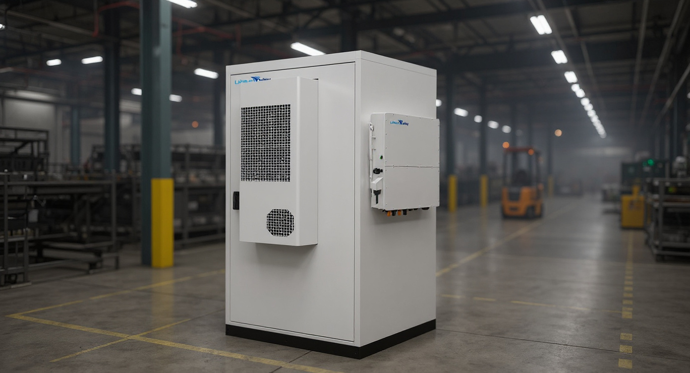 Industrial battery storage cabinet on a factory production floor with machinery and bright overhead industrial lighting.