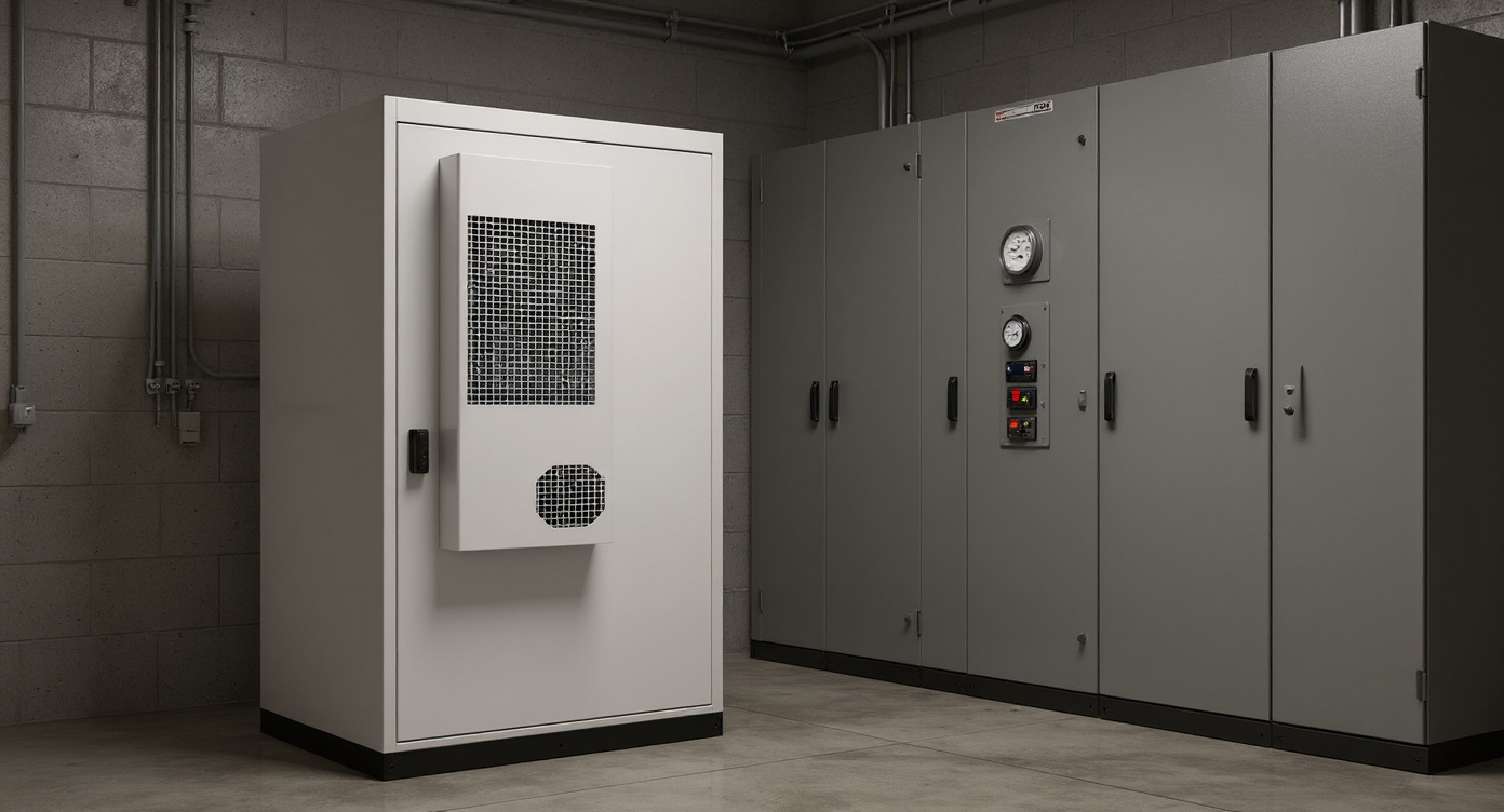 Industrial battery storage cabinet next to electrical switchgear in a utilitarian electrical room with fluorescent lighting.
