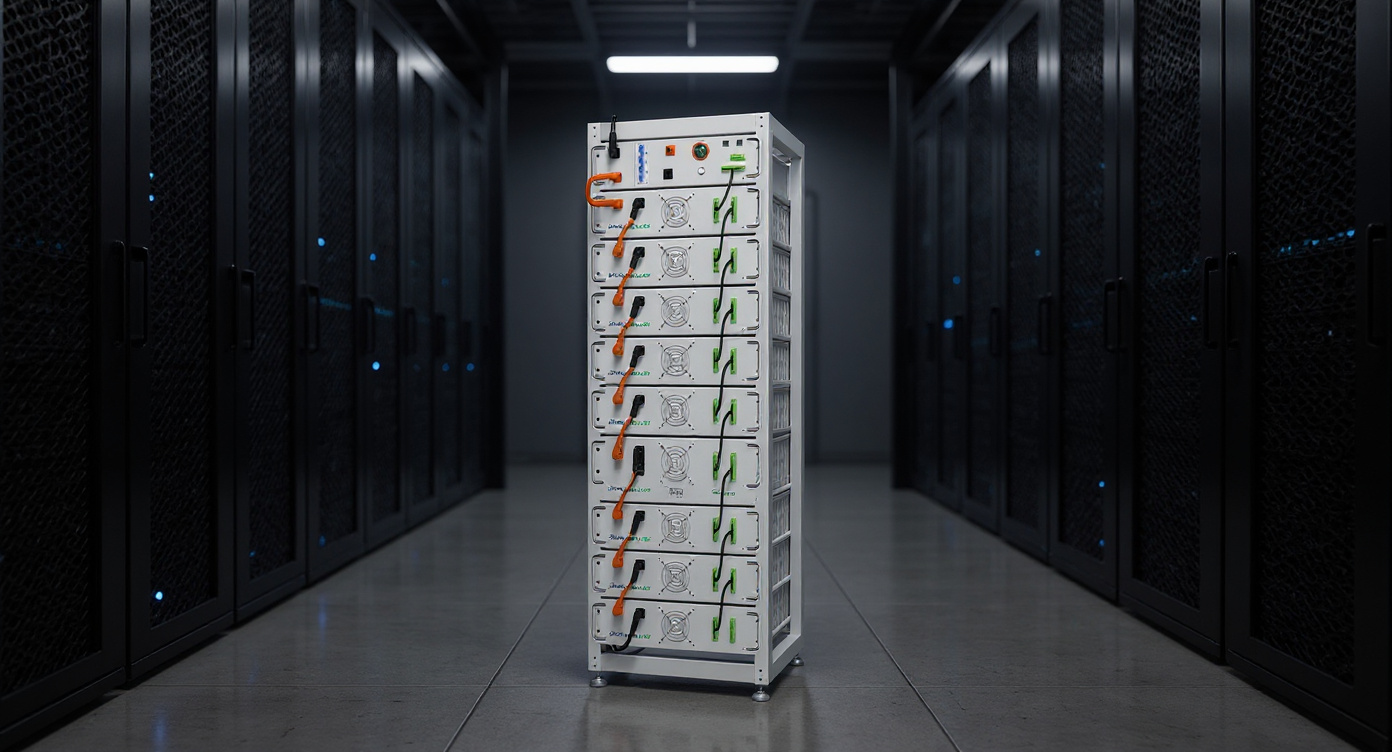 Rack-mounted battery storage unit in a data center server aisle, wide front view, cool ambient lighting with blue LED glow.