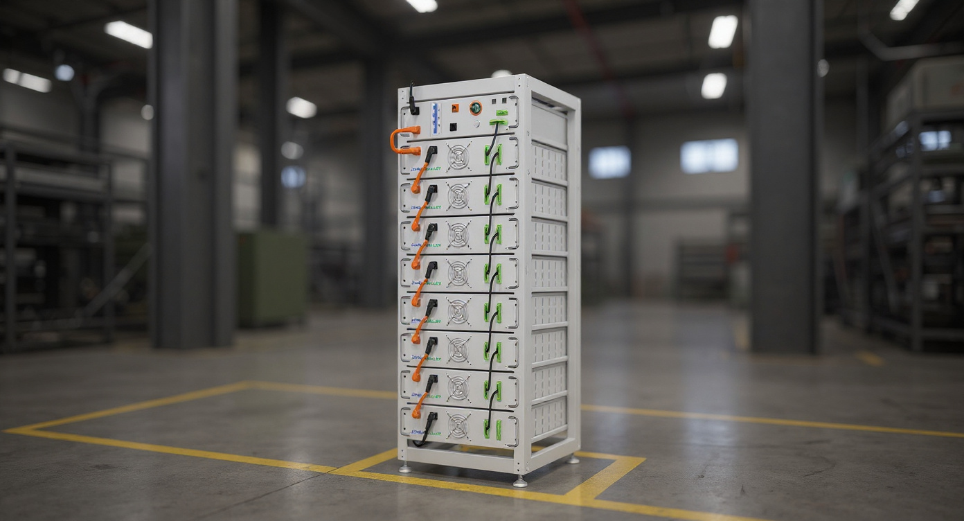 Indoor rack-mounted battery cabinet on a factory floor, medium side angle, bright industrial lighting.