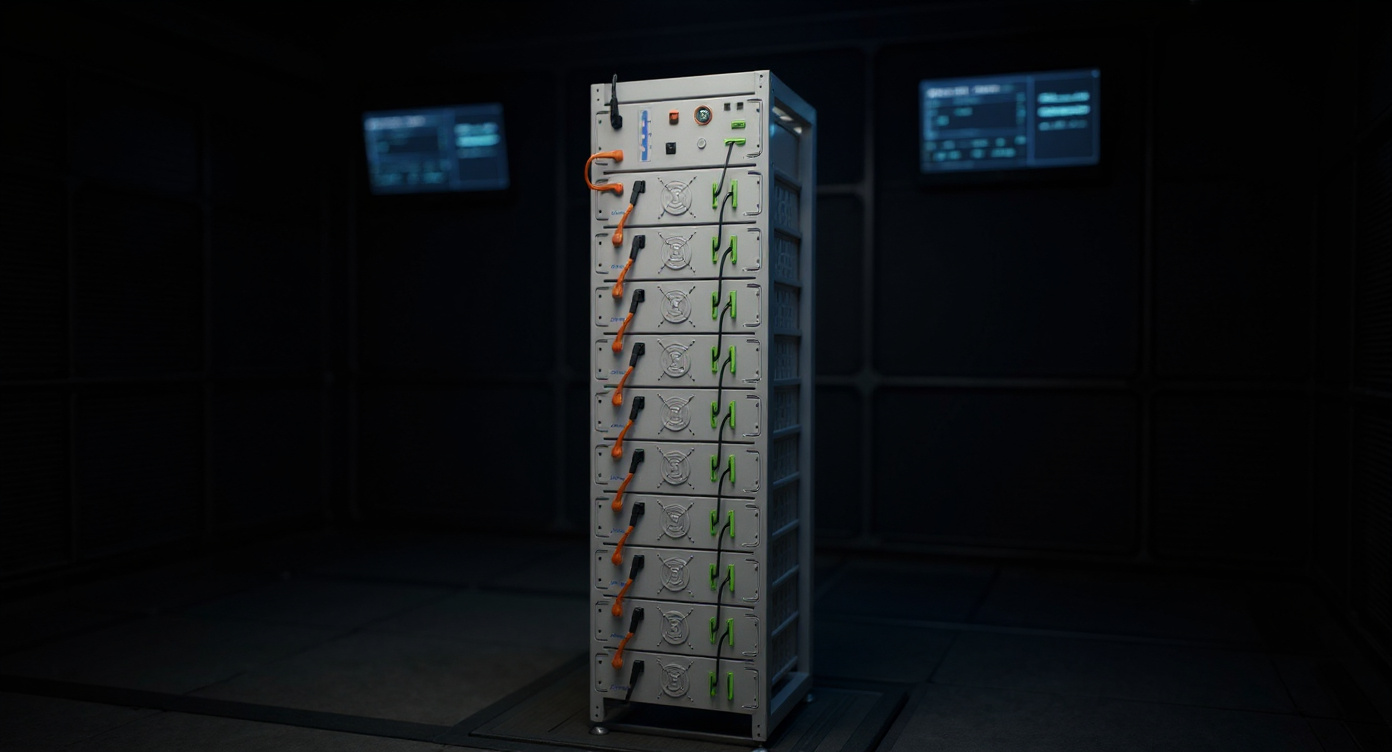 Battery storage cabinet in a control room, medium front view, dim lighting with monitor glow.